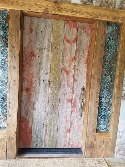 Antique Painted Barnwood Door with Brown Barnwood trim