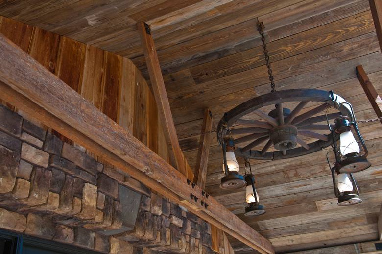 3/8" syp ceiling (w-b) and barnwood trusses