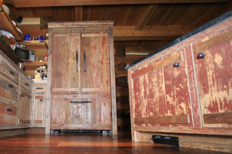 Red Painted Barnwood Cabinets in B.C. Kitchen
