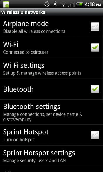 Android - Wireless and networks screen