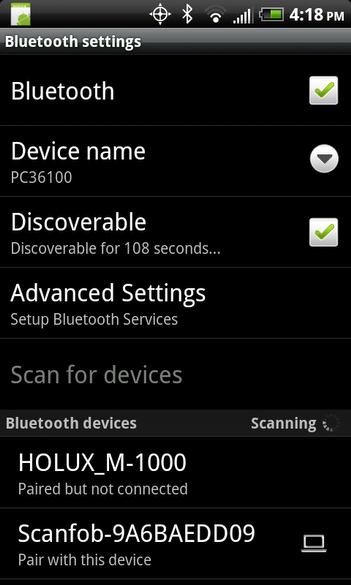 Android Bluetooth settings screen - scanning for bluetooth devices