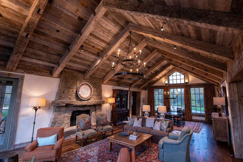 Hand-Hewn Timbers and Antique Barnwood T & G Ceiling