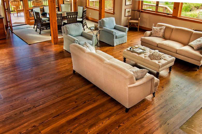 Heart Pine Flooring - Mixed width (4, 4 3/4, 6, 7, 8); stain was applied to floor