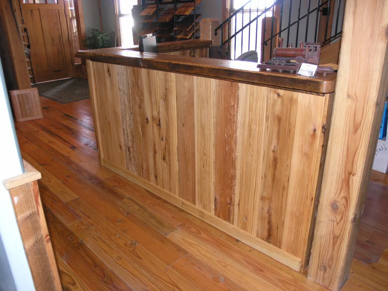 Lindon Reception Desk / Side view of desk showing trailblazer lumber.