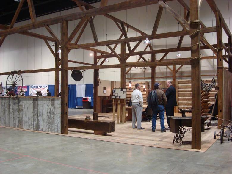 Camp Barn frame - antique pine rough-sawn beams / 30x40 Camp Barn set up at the Indy Home Show