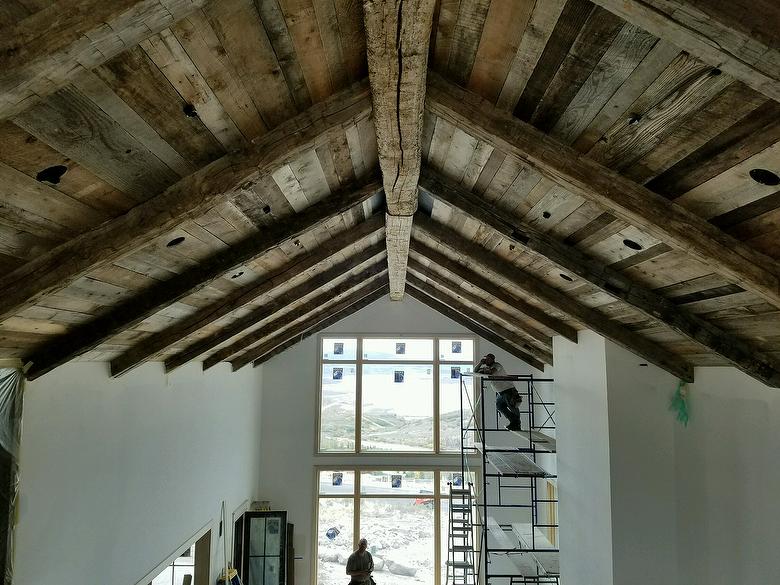 Hand-Hewn Timbers and WeatheredBlend Skins ceiling
