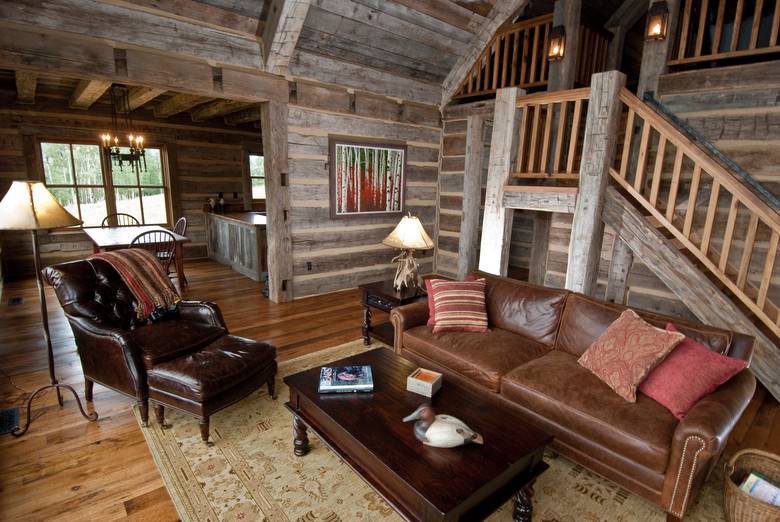 Smooth Oak Floor, Hewn Skins and Timbers, Barnwood Ceiling