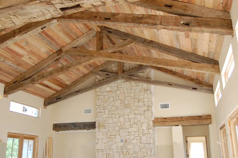 Hand Hewn Oak Timbers and TWII Resawn Slab Ceiling