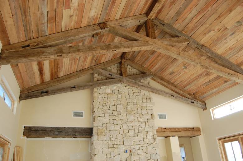Hand Hewn Oak Timbers and TWII Resawn Slab Ceiling