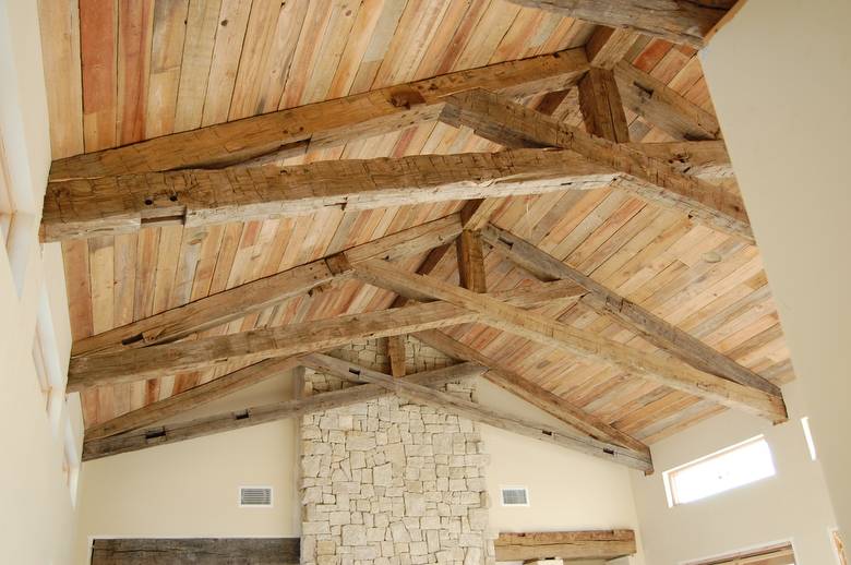 Hand Hewn Oak Timbers and TWII Resawn Slab Ceiling