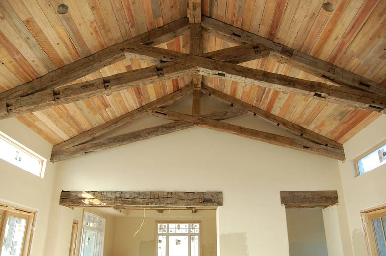 Hand Hewn Oak Timbers and TWII Resawn Slab Ceiling