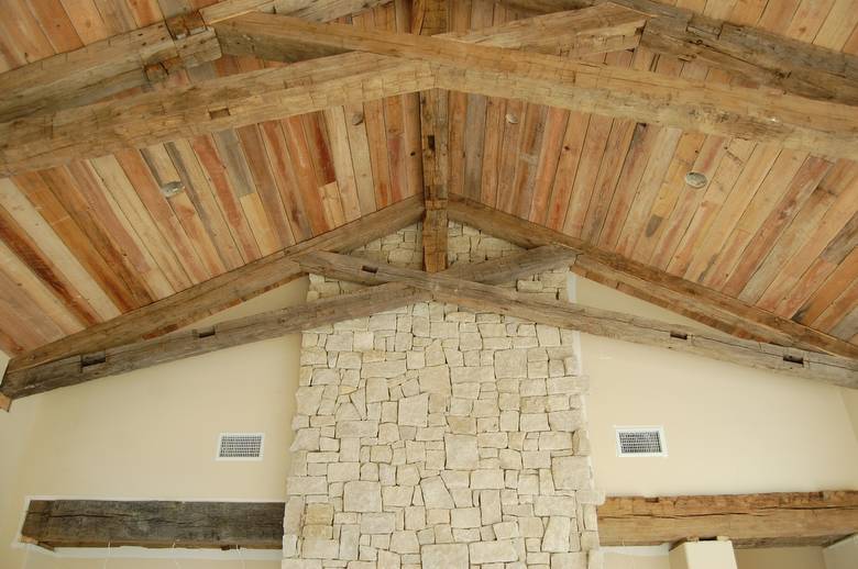 Hand Hewn Oak Timbers and TWII Resawn Slab Ceiling