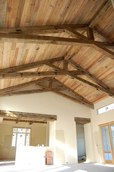 Hand Hewn Oak Trusses and TWII Resawn Slab Ceiling