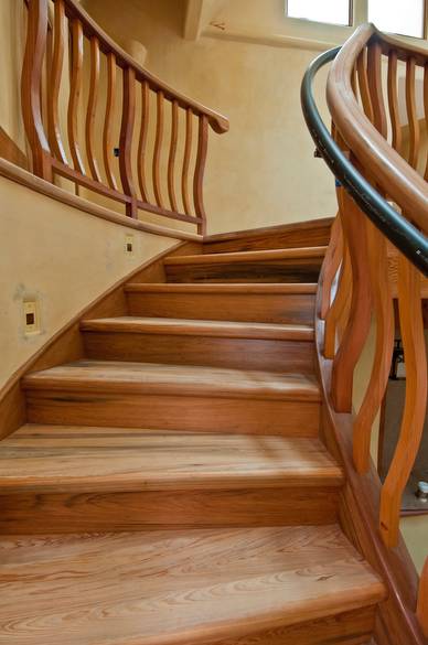 Cypress floor, stairs/rail, door, and cabinet