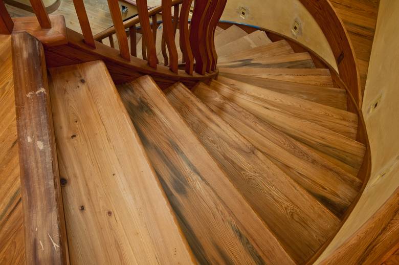 Cypress floor, stairs/rail, door, and cabinet
