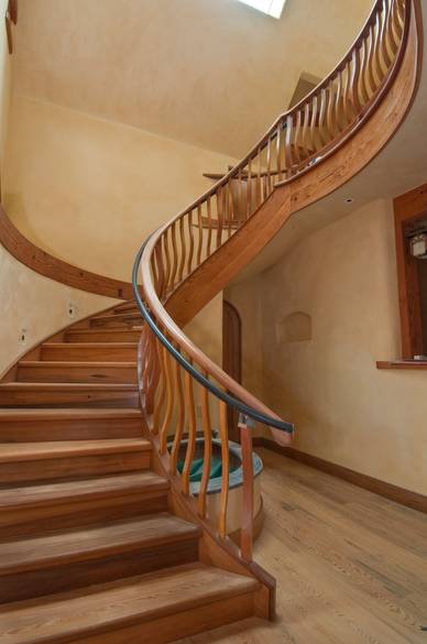 Cypress floor, stairs/rail, door, and cabinet