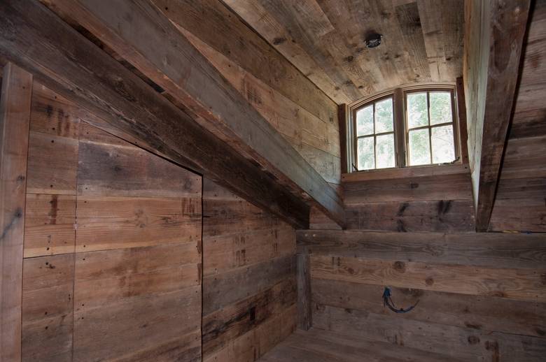 Weathered timbers & 1x12 weathered siding, rafters and barnwood