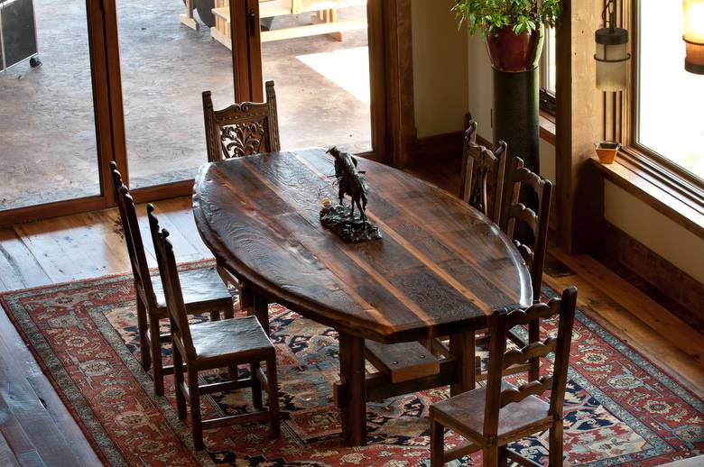 Trailblazer Mixed-Hardwood Skipped Flooring; Table is also from Trestlewood material (Picklewood)