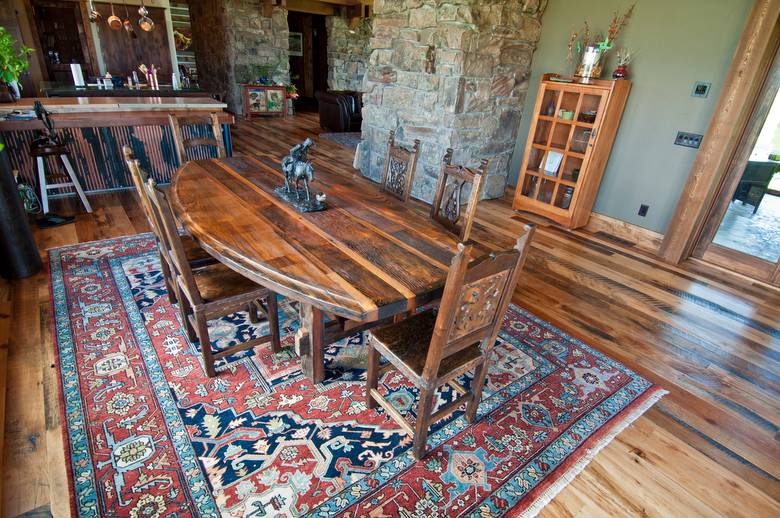 Trailblazer Mixed-Hardwood Skipped Flooring; Table made from Trestlewood's picklewood product