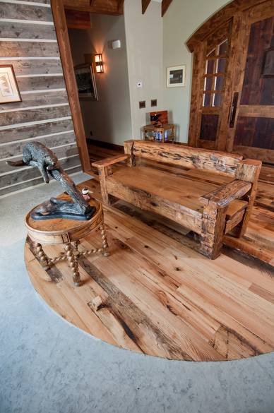 Trailblazer Mixed-Hardwood Skipped Flooring; Bench made from hewn timbers and sleeper middles