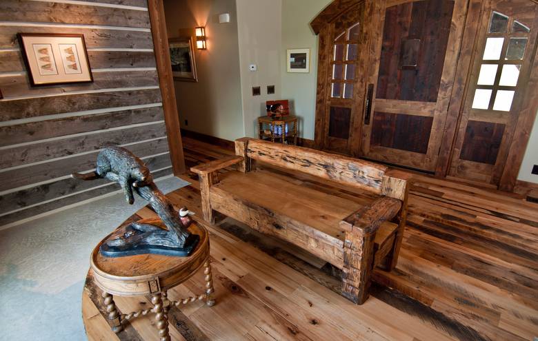 Trailblazer Mixed-Hardwood Skipped Flooring; Bench made from hewn timbers and sleeper middles