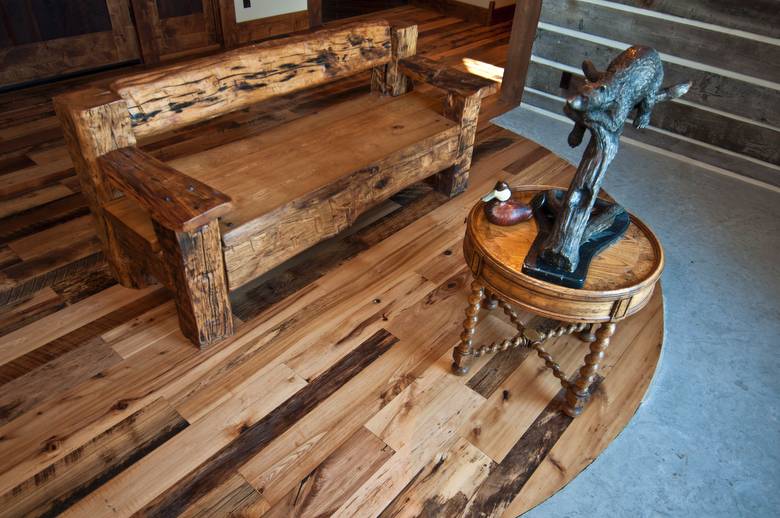 Trailblazer Mixed-Hardwood Skipped Flooring; Bench made from hewn timbers and sleeper middles