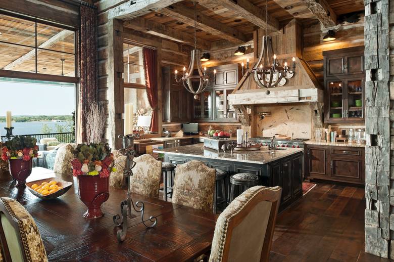 Hand Hewn Timbers in Lake House Kitchen