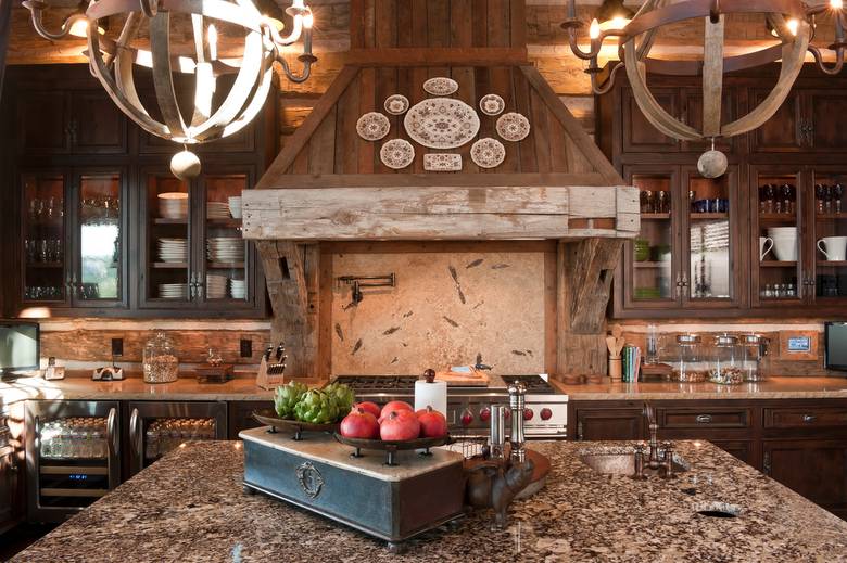 Hand Hewn Timbers in Lake House Kitchen