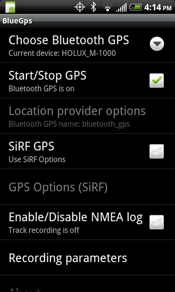 BlueGps app used to interact with the Holux Bluetooth GPS receiver