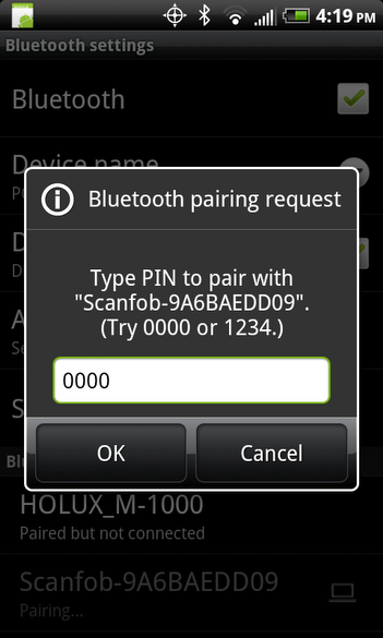 Enter pin# 0000 to pair with Scanfob