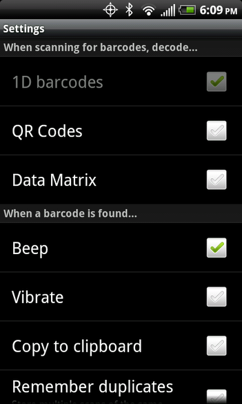 Barcode Scanner App Settings