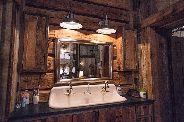  NatureAged  paneling and cabinets. Antique Barnwood Gray/Brown ceiling and Hand-Hewn Skins paneling (pressure washed)