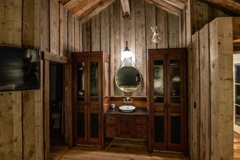  NatureAged beam wraps and paneling, Antique Barnwood Gray/Brown ceiling, Trailblazer Skip-Planed flooring (60% Skipped)