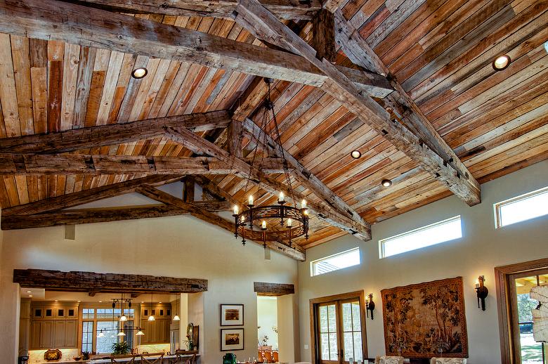 Hand-Hewn Oak Timbers and TWII Resawn Slab Ceiling