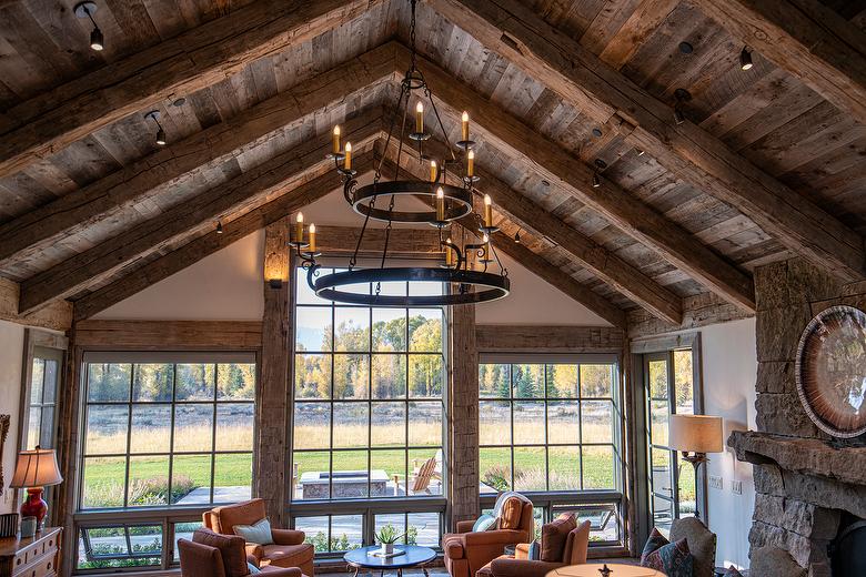 Hand-Hewn Timbers and Antique Barnwood T & G Ceiling