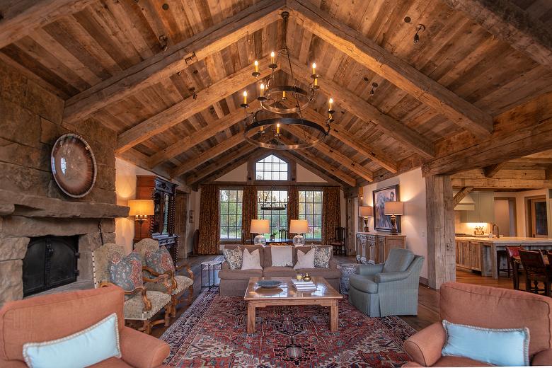 Hand-Hewn Timbers and Antique Barnwood T & G Ceiling