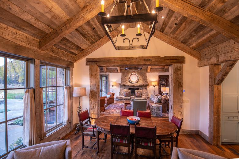 Hand-Hewn Timbers and Antique Barnwood T & G Ceiling