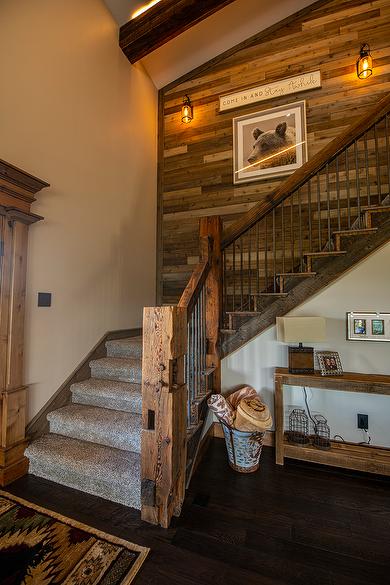 Hand Hewn Newel Posts and Antique Brown Siding