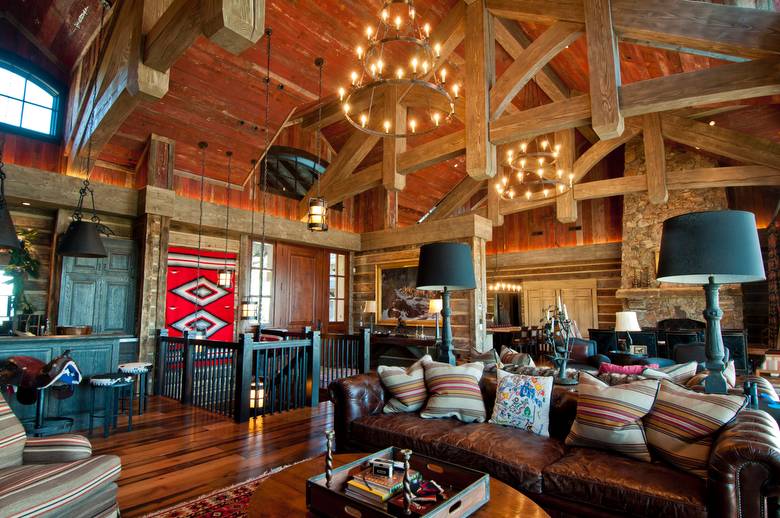 Red Painted Barnwood Ceiling and 1" Hewn Skins Siding