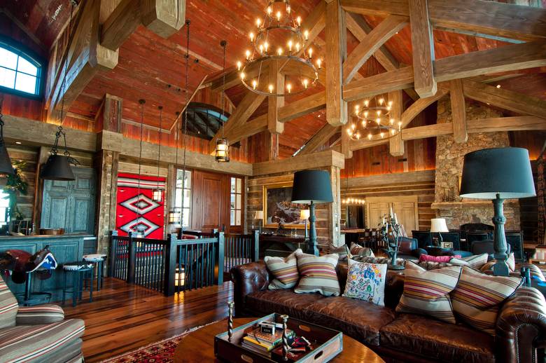 Red Painted Barnwood Ceiling and 1" Hewn Skins Siding