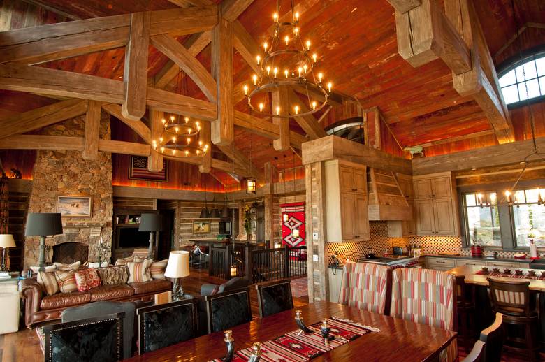 Red Painted Barnwood Ceiling and 1" Hewn Skins Siding