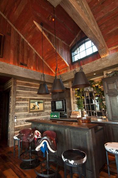 Red Painted Barnwood Ceiling and 1" Hewn Skins Siding