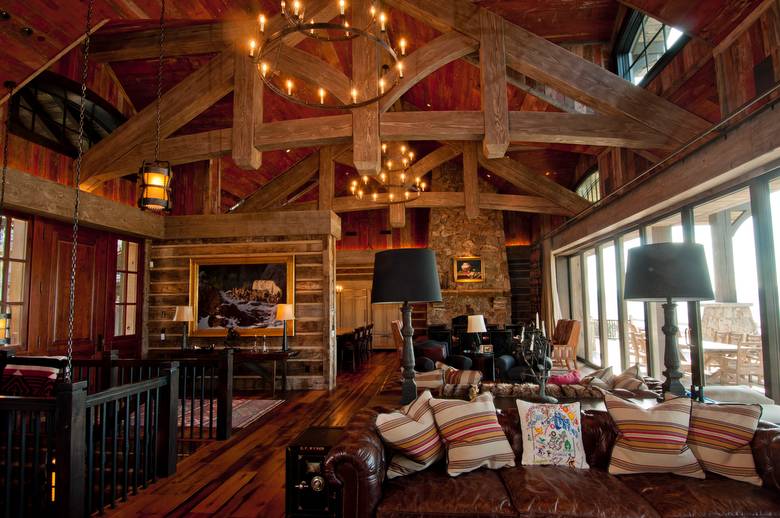 Red Painted Barnwood Ceiling and 1" Hewn Skins Siding