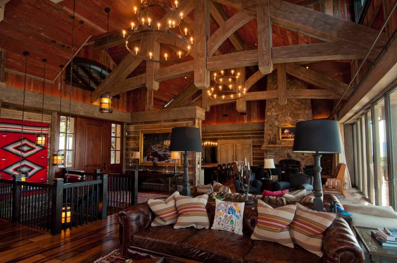 Red Painted Barnwood Ceiling and 1" Hewn Skins Siding