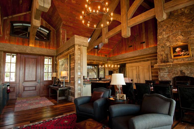 Red Painted Barnwood Ceiling and 1" Hewn Skins Siding