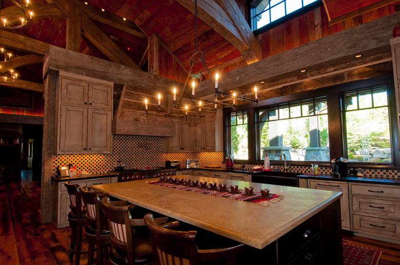 Red Painted Barnwood Ceiling and 1" Hewn Skins Siding