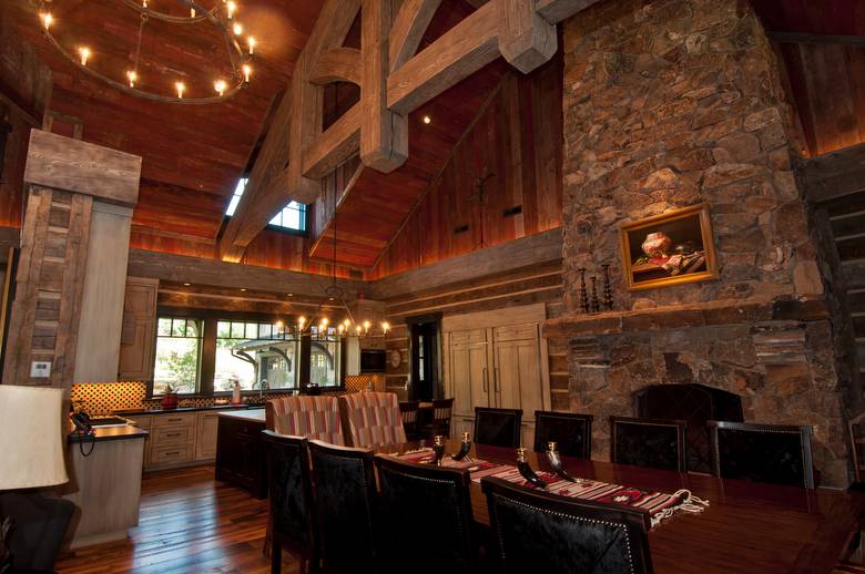 Red Painted Barnwood Ceiling and 1" Hewn Skins Siding