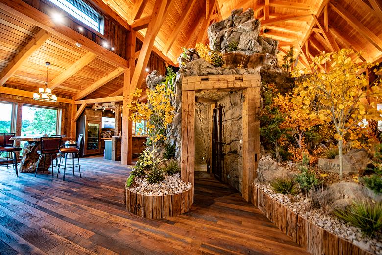 Hand-Hewn Timbers and Mushroomwood Board-to-Board Paneling