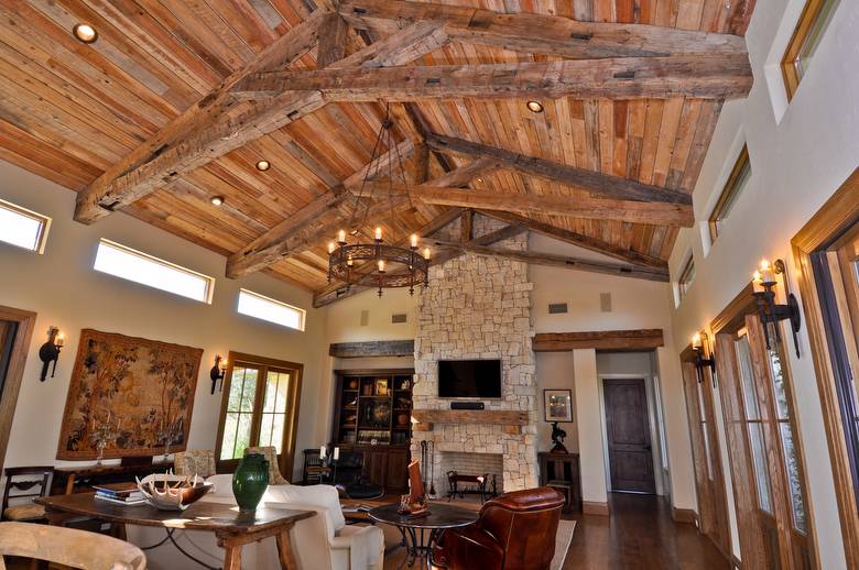 Hand-Hewn Oak Timbers, TWII Resawn Slab Ceiling