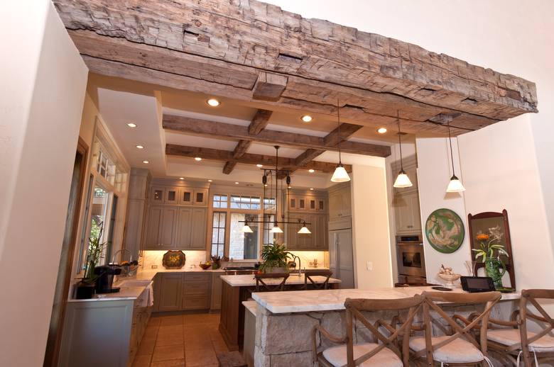 Hand-Hewn Oak Timbers, TWII Resawn Slab Ceiling